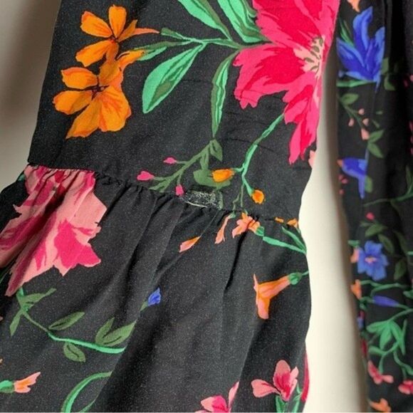 Old Navy Black Multi Color Floral Flare Flounce Sleeve Shift Dress Rayon M - Picture 6 of 11